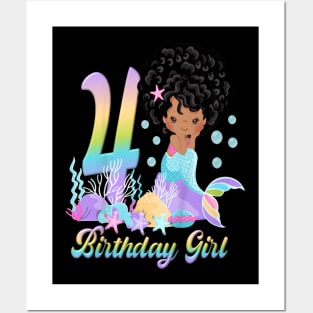 Kids Four 4Th Birthday 4 Year Old Girl African American Mermaid Posters and Art